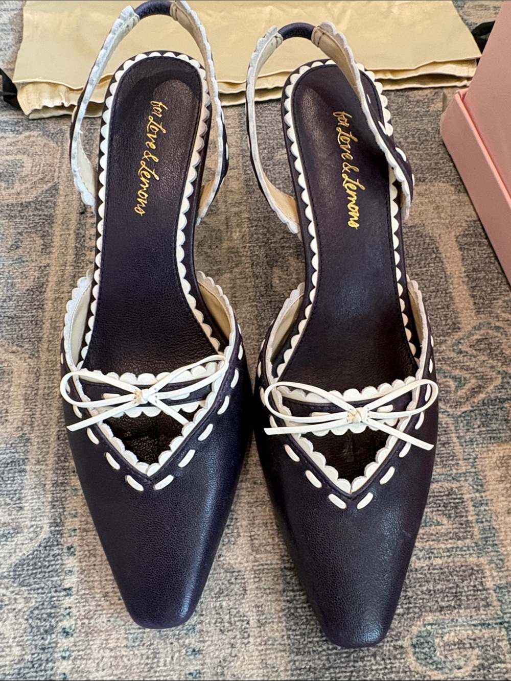For Love And Lemons Navy Slingback Kitten Heel Pointed Mules with White Trim